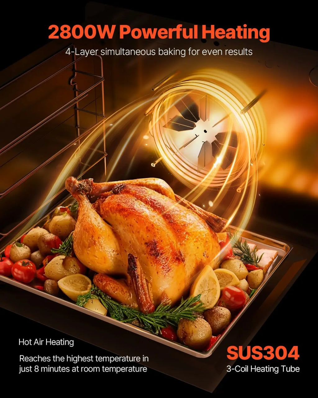Golden roasted turkey with crispy skin in a stainless steel commercial convection oven 66l 2800w baking tray