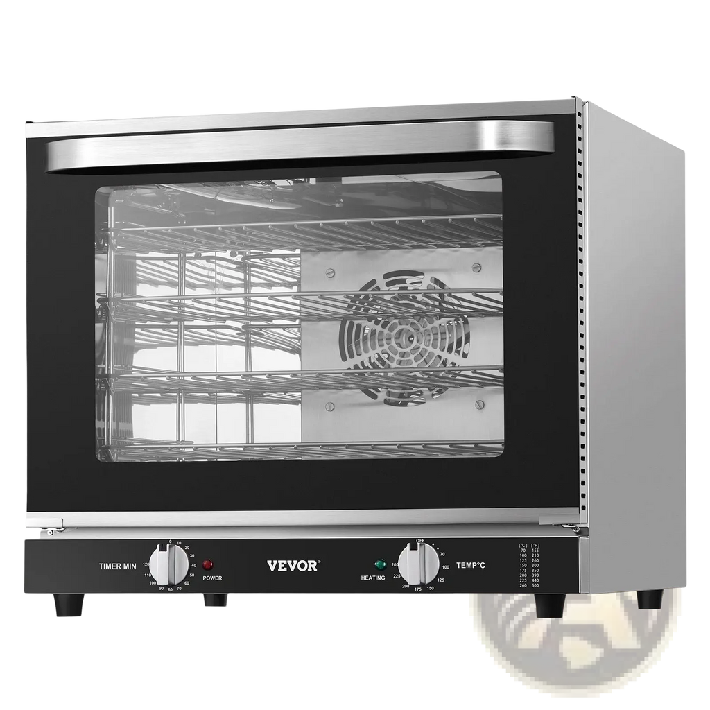 Stainless steel commercial convection oven 66l 2800w with black glass door and control knobs for timer power and temperature