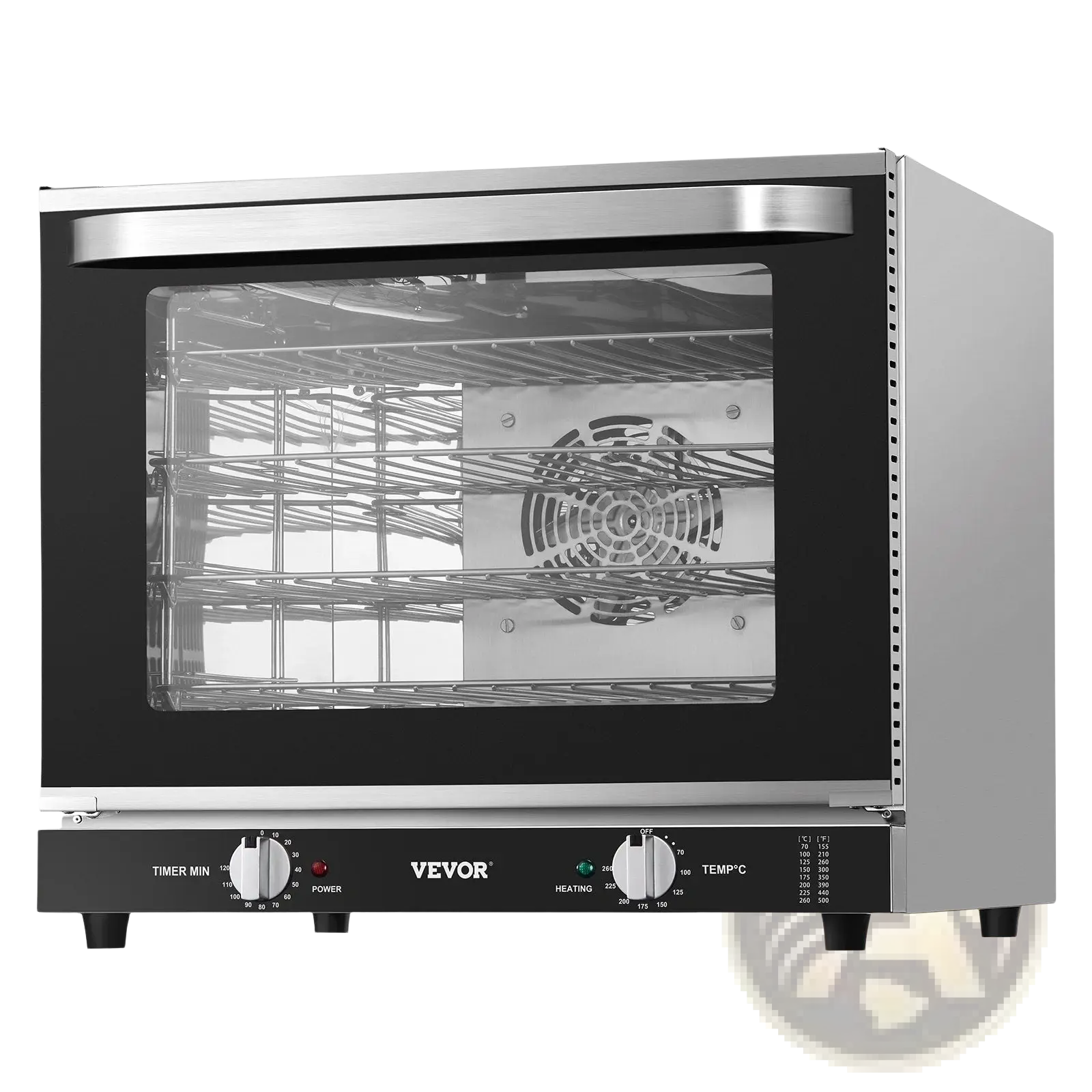 Stainless steel commercial convection oven 66l 2800w with black glass door and control knobs for timer power and temperature