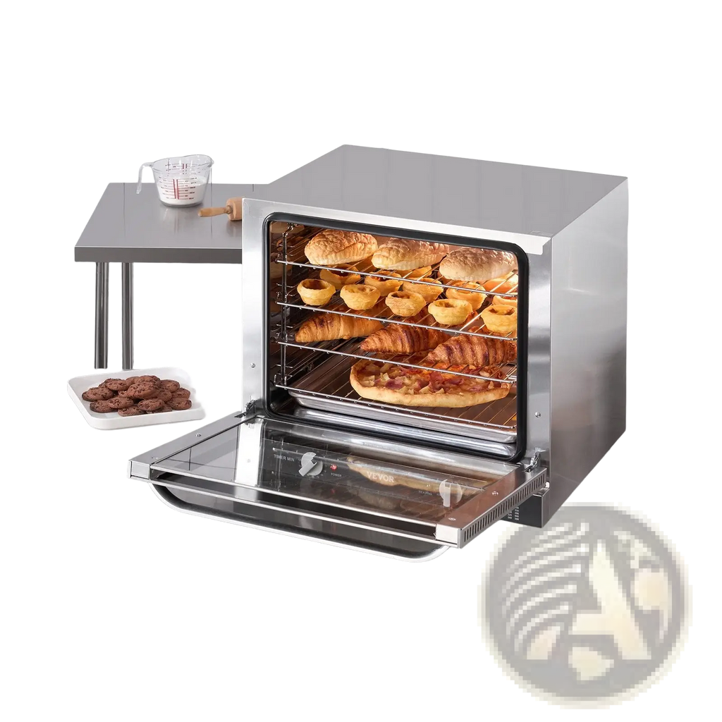 Stainless steel commercial convection oven 66l 2800w with glass door and multiple racks filled with baked goods