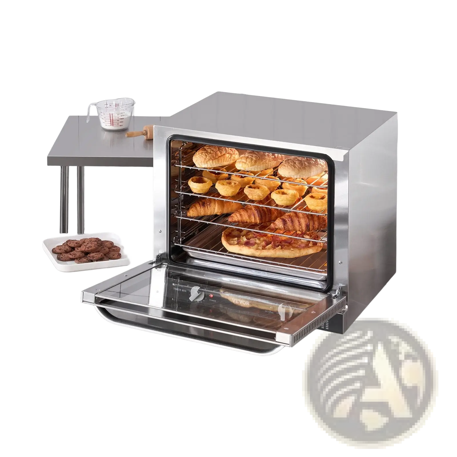 Stainless steel commercial convection oven 66l 2800w with glass door and multiple racks filled with baked goods