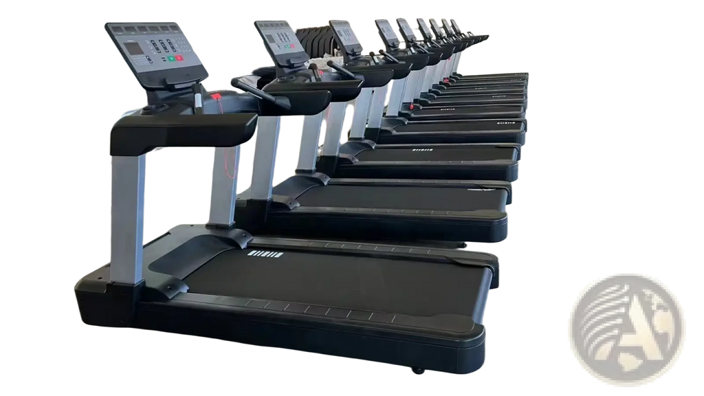 Black commercial electric fitness treadmill with digital display and silver frame for professional use