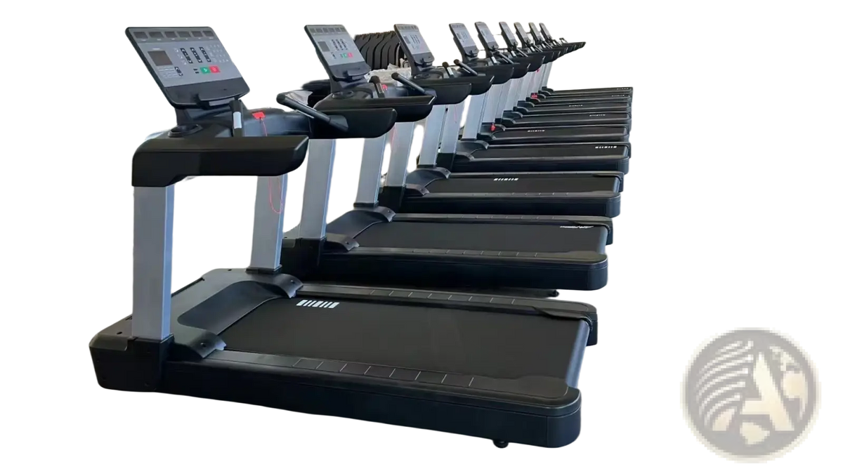 Black commercial electric fitness treadmill with digital display and silver frame for professional use