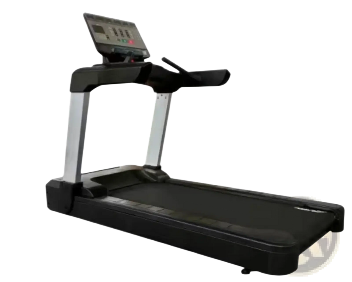 Commercial electric fitness treadmill in black with digital display and silver-colored metal support frame visible from front
