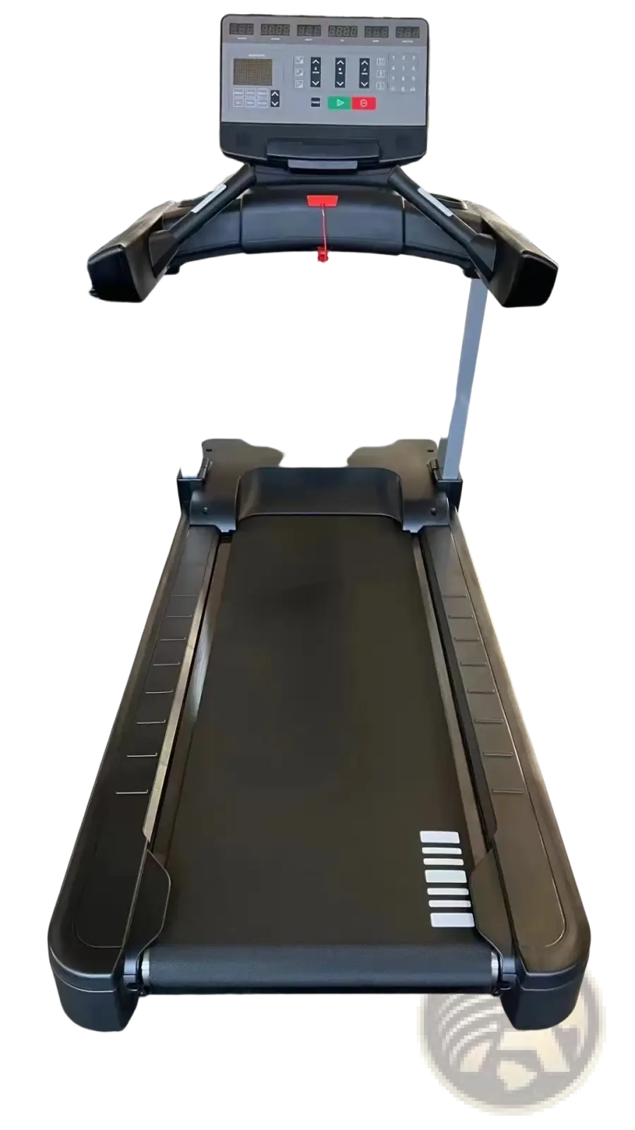 Commercial electric fitness treadmill in black with digital display panel and red safety cord on the console