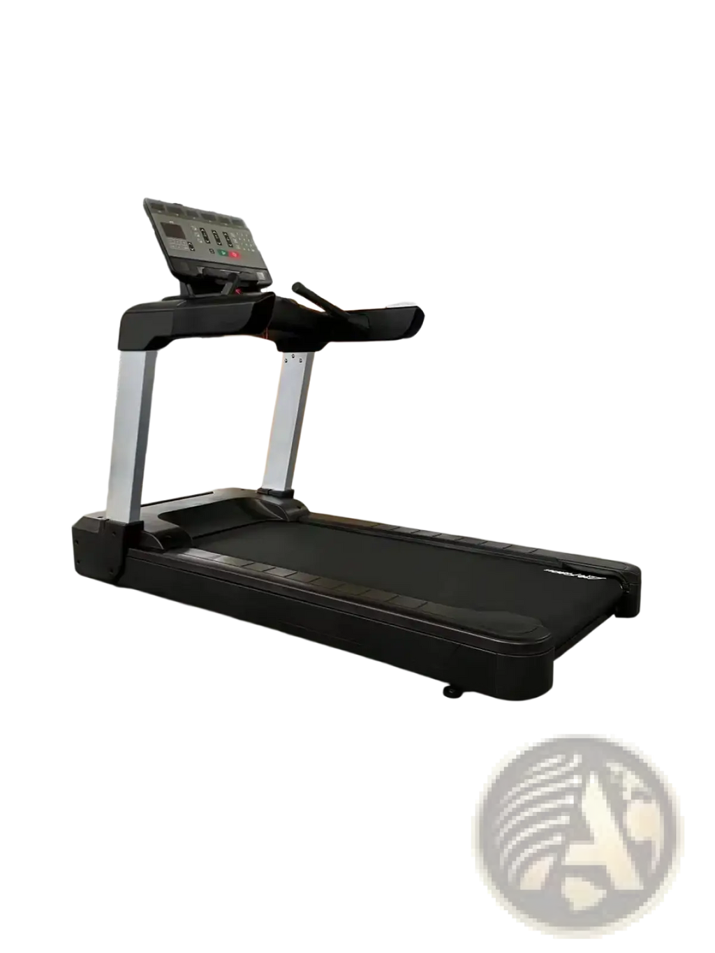 Commercial electric fitness treadmill with black running belt, digital display, and silver-colored metal frame