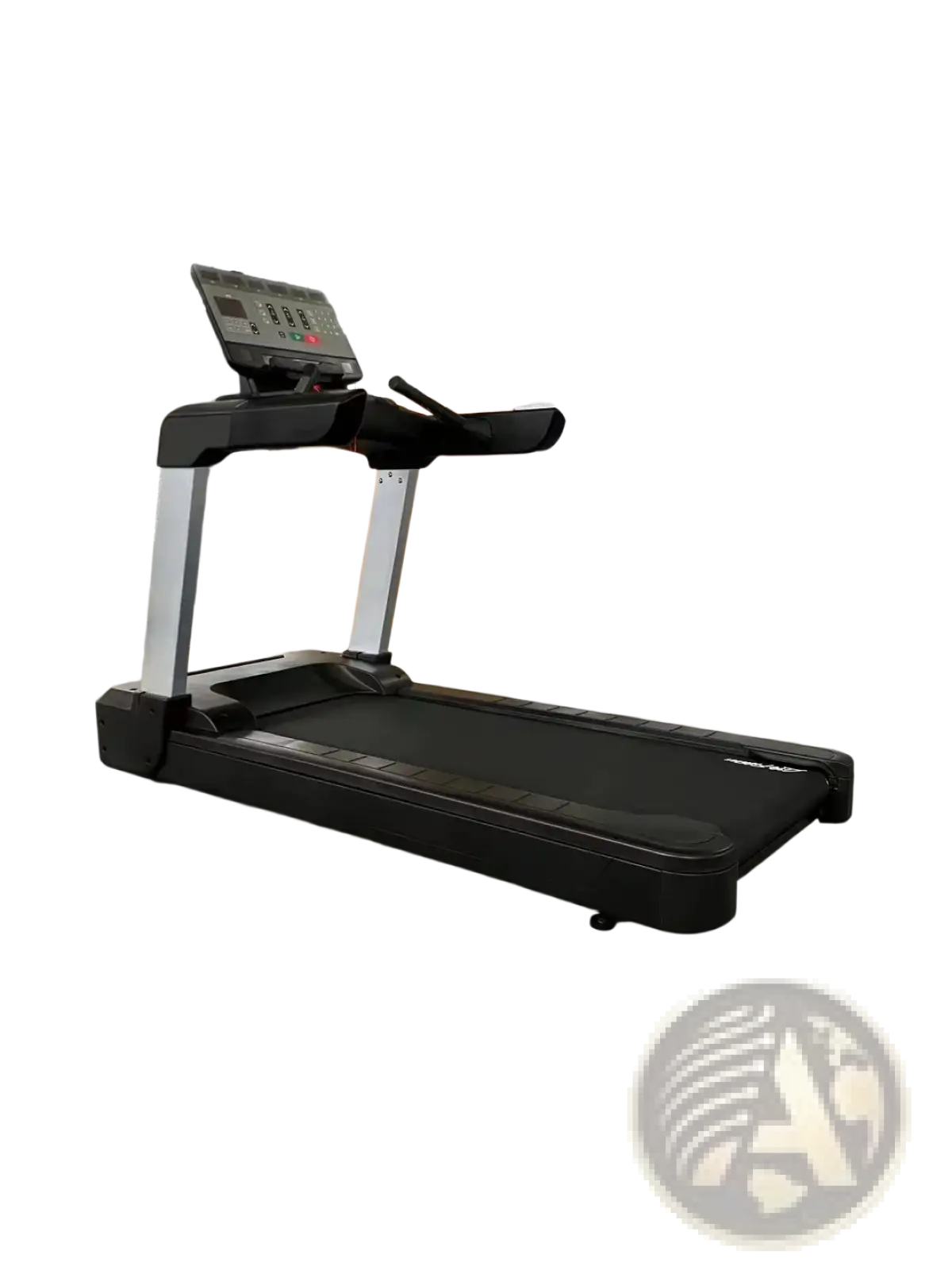 Commercial electric fitness treadmill with black running belt, digital display, and silver-colored metal frame