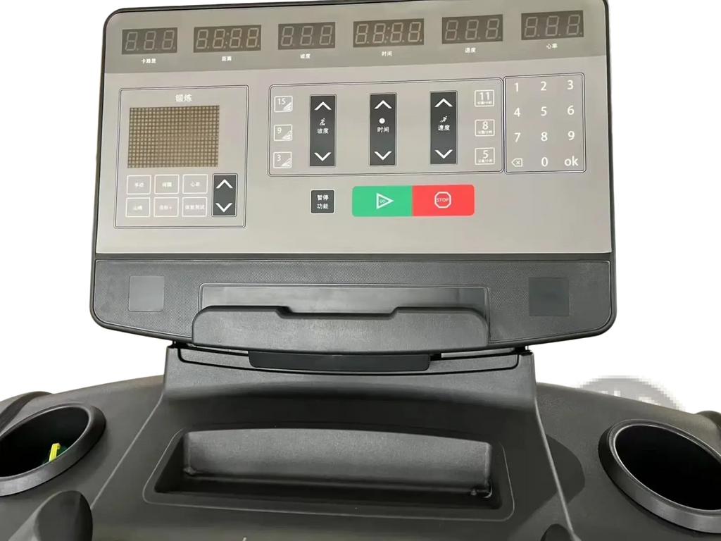 Gray digital control panel with multiple led displays and buttons for commercial electric fitness treadmill use