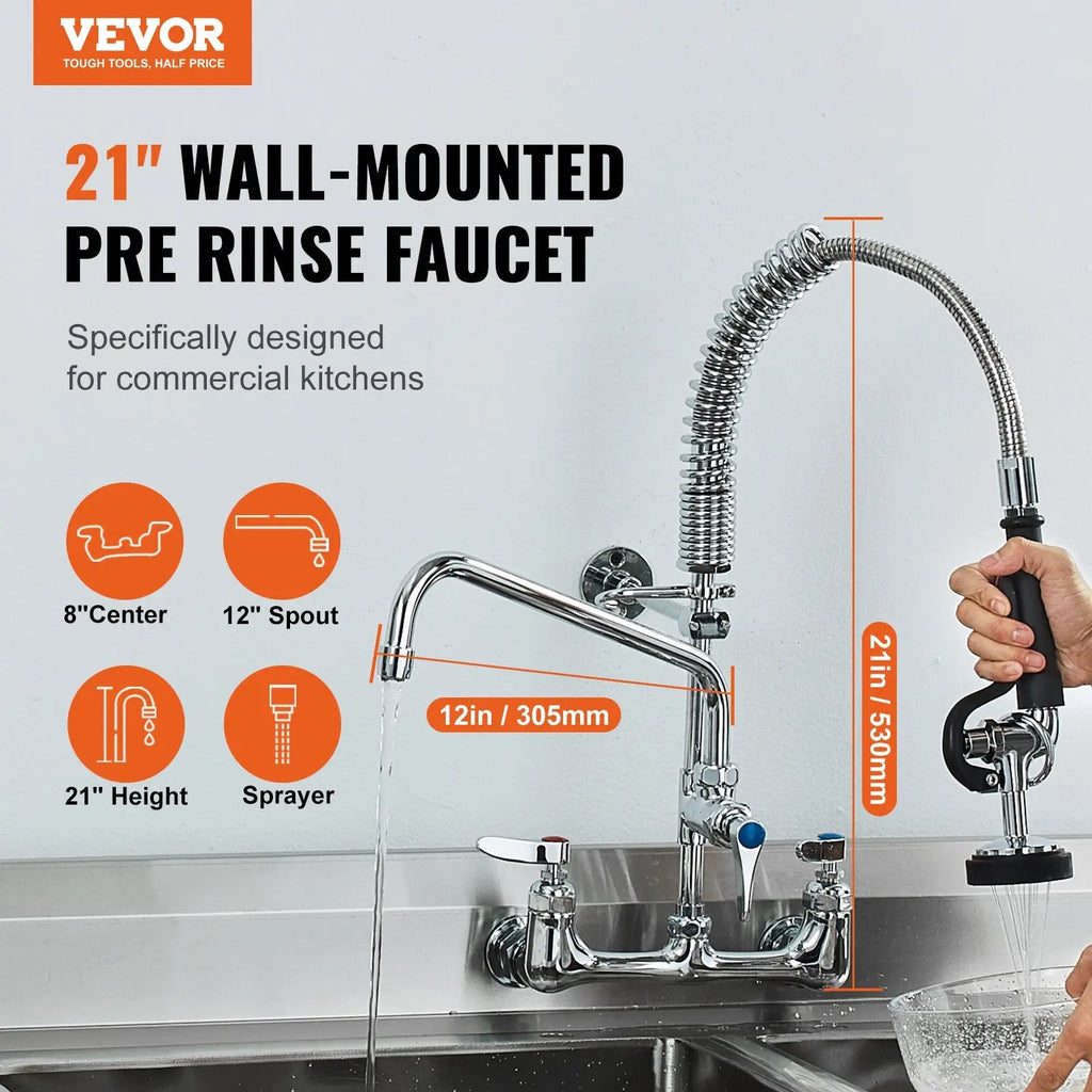 Commercial faucet with pre-rinse sprayer and 12-inch spout chrome finished with flexible coiled spray head and black handle