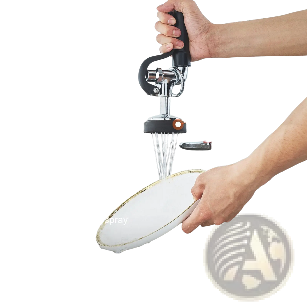 Commercial faucet with pre-rinse sprayer and 12-inch spout featuring high-pressure chrome finish and black handle for strong rinsing