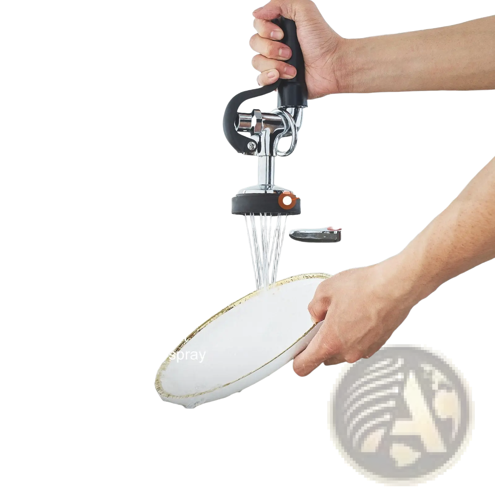 Commercial faucet with pre-rinse sprayer and 12-inch spout featuring high-pressure chrome finish and black handle for strong rinsing