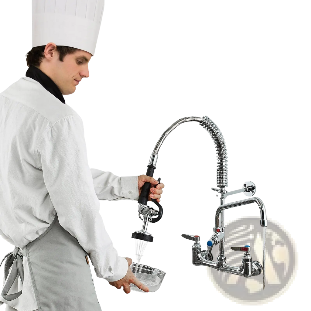 Chrome-finished commercial kitchen faucet with flexible gooseneck, black ergonomic handle, spray nozzle, and 12-inch spout