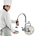 Chrome-finished commercial kitchen faucet with flexible gooseneck, black ergonomic handle, spray nozzle, and 12-inch spout