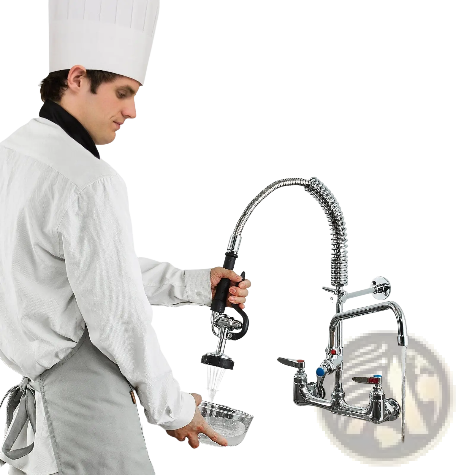 Chrome-finished commercial kitchen faucet with flexible gooseneck, black ergonomic handle, spray nozzle, and 12-inch spout