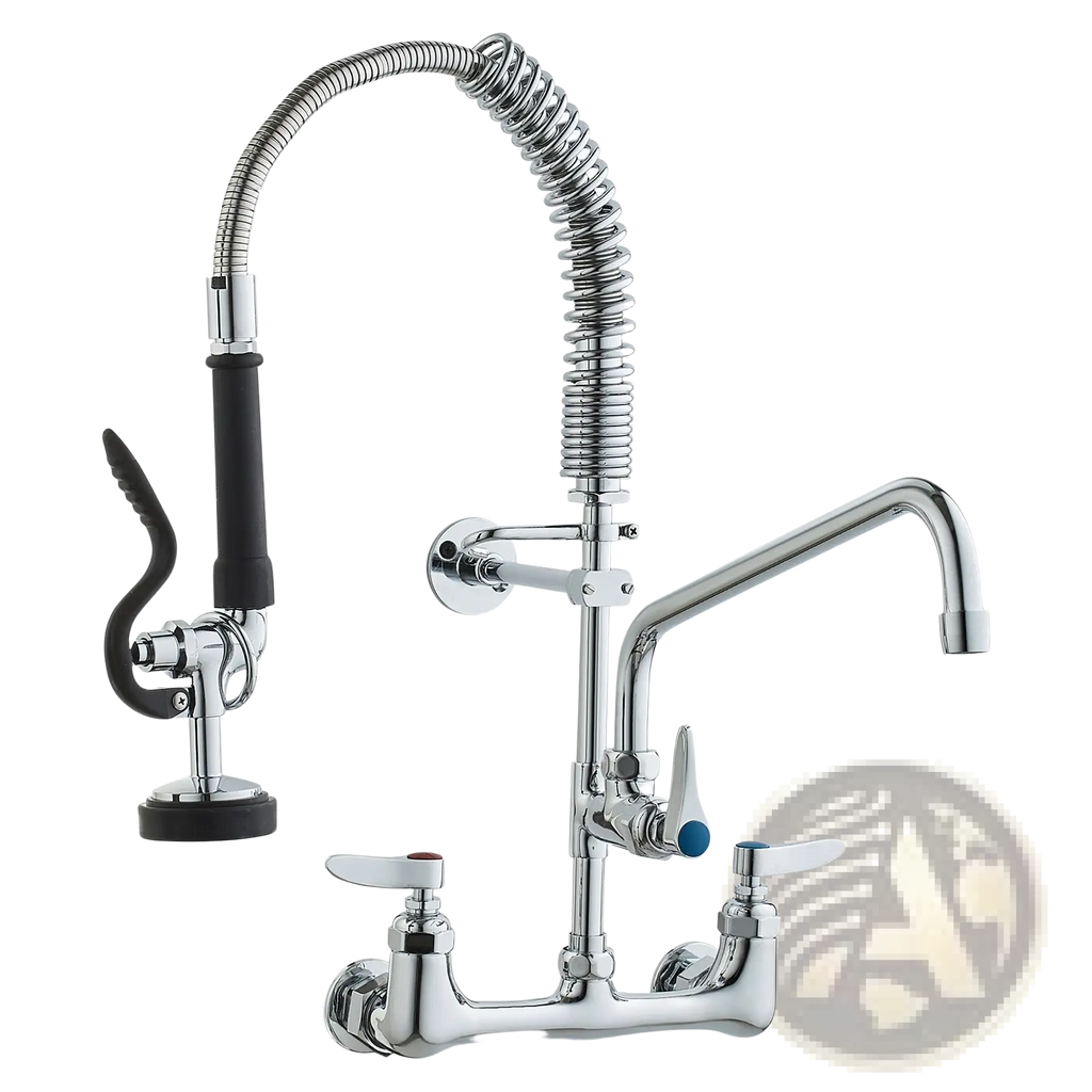 Chrome finished commercial faucet with flexible coiled hose and black handled spray nozzle for pre rinse cleaning