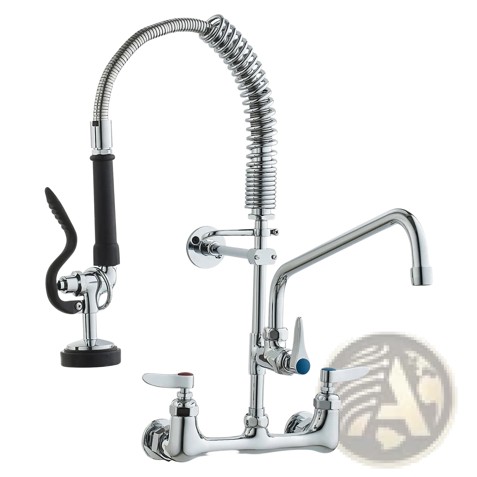 Chrome finished commercial faucet with flexible coiled hose and black handled spray nozzle for pre rinse cleaning