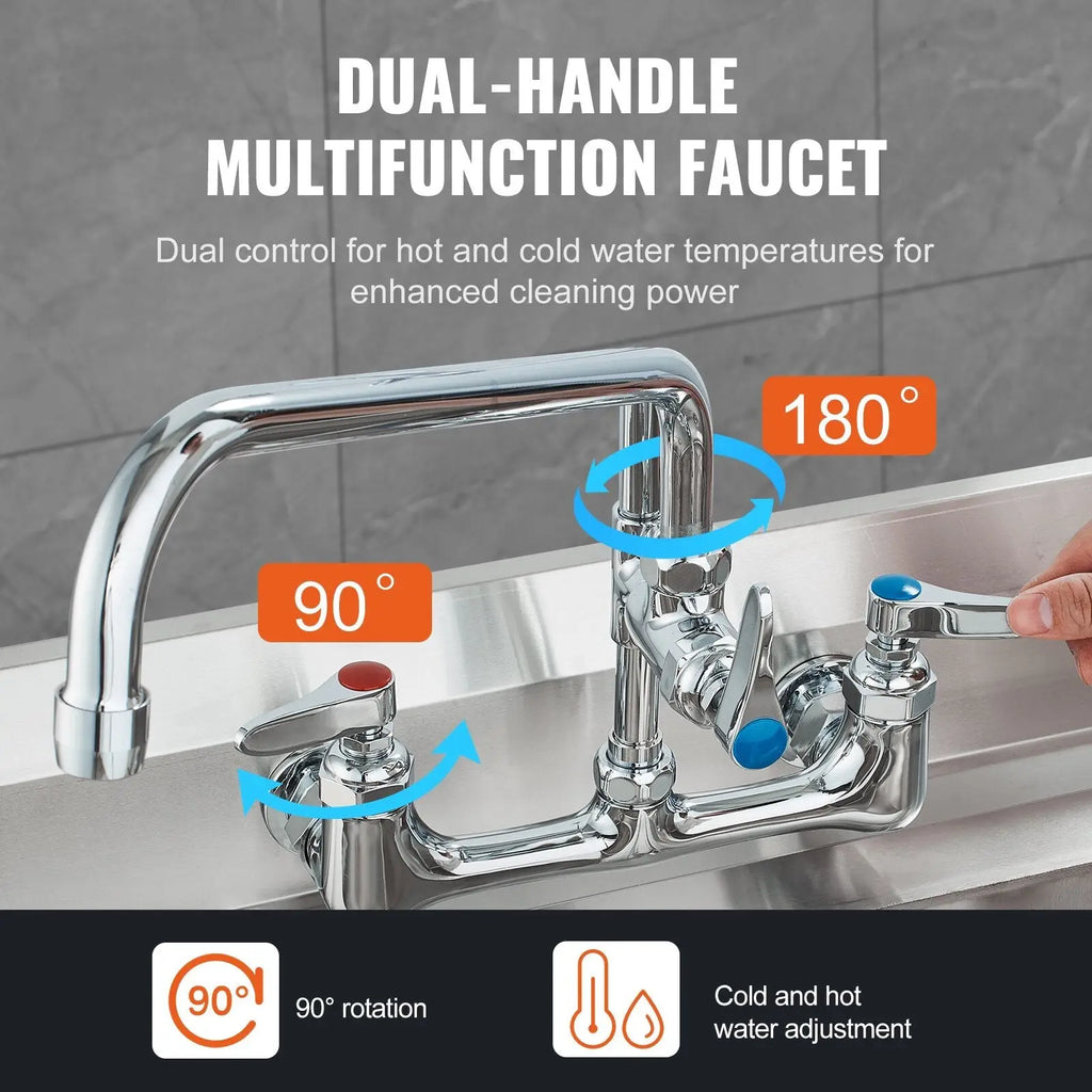 Commercial faucet with chrome-finished dual-handle multifunction faucet featuring 90° and 180° rotation for hot and cold water control