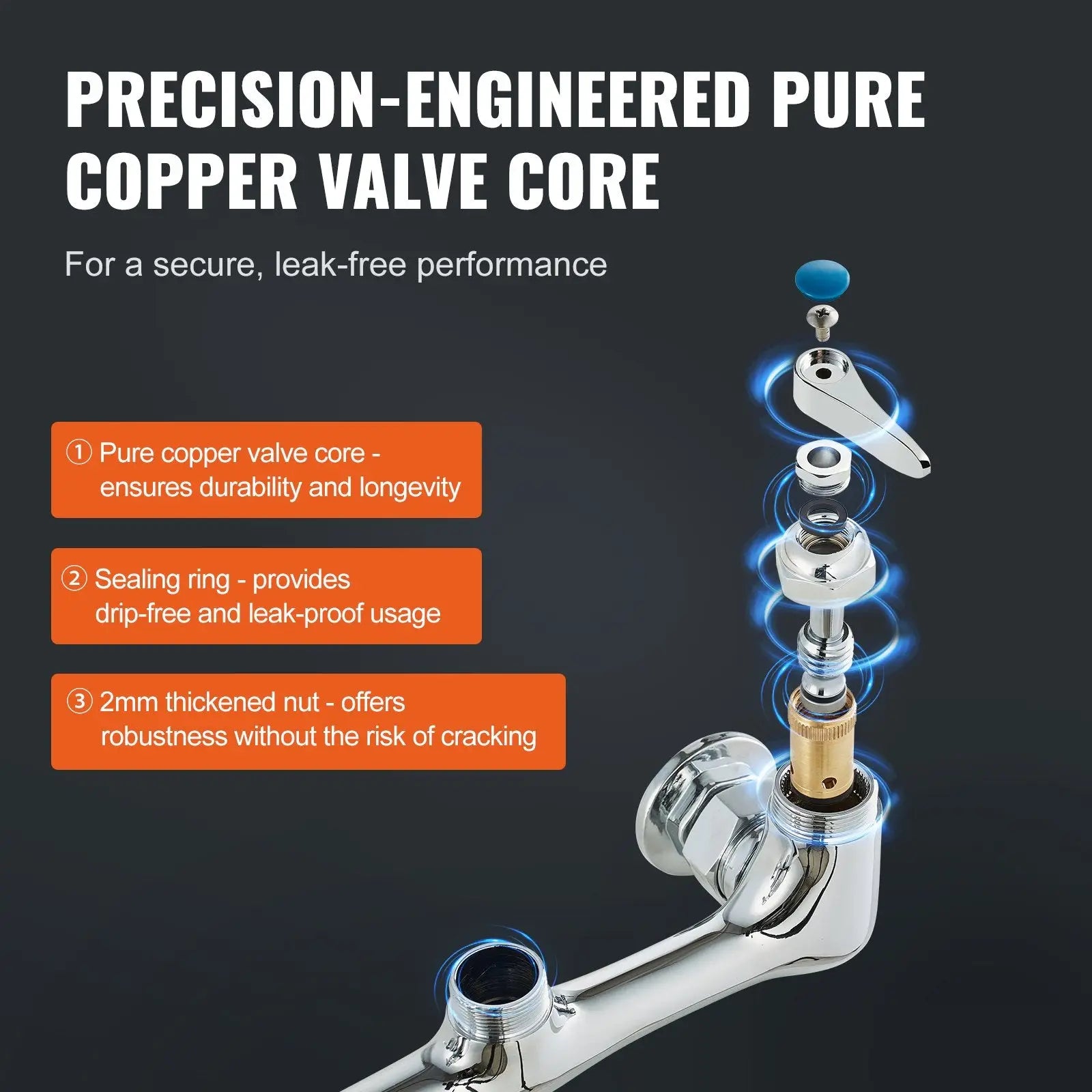 Commercial faucet with pre-rinse sprayer and 12-inch spout featuring shiny chrome finish and brass-colored copper valve core