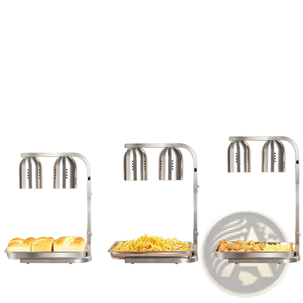 Commercial food heat lamp dual head stainless steel with dual domed heat sources and curved arms for buffet use