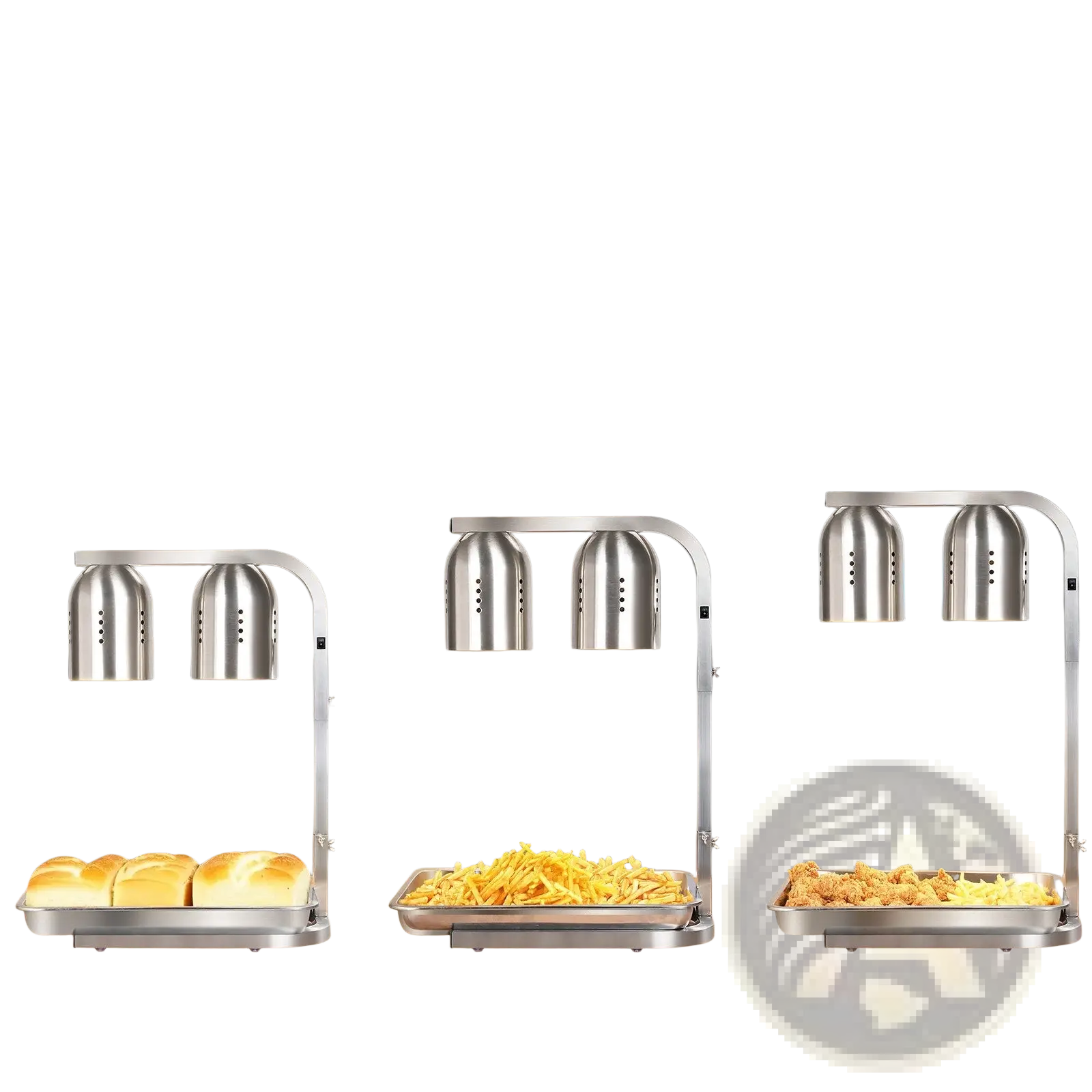 Commercial food heat lamp dual head stainless steel with dual domed heat sources and curved arms for buffet use