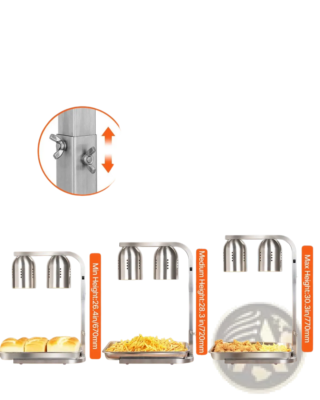 Commercial food heat lamp dual head stainless steel with adjustable height curved arm and dual domed lamps