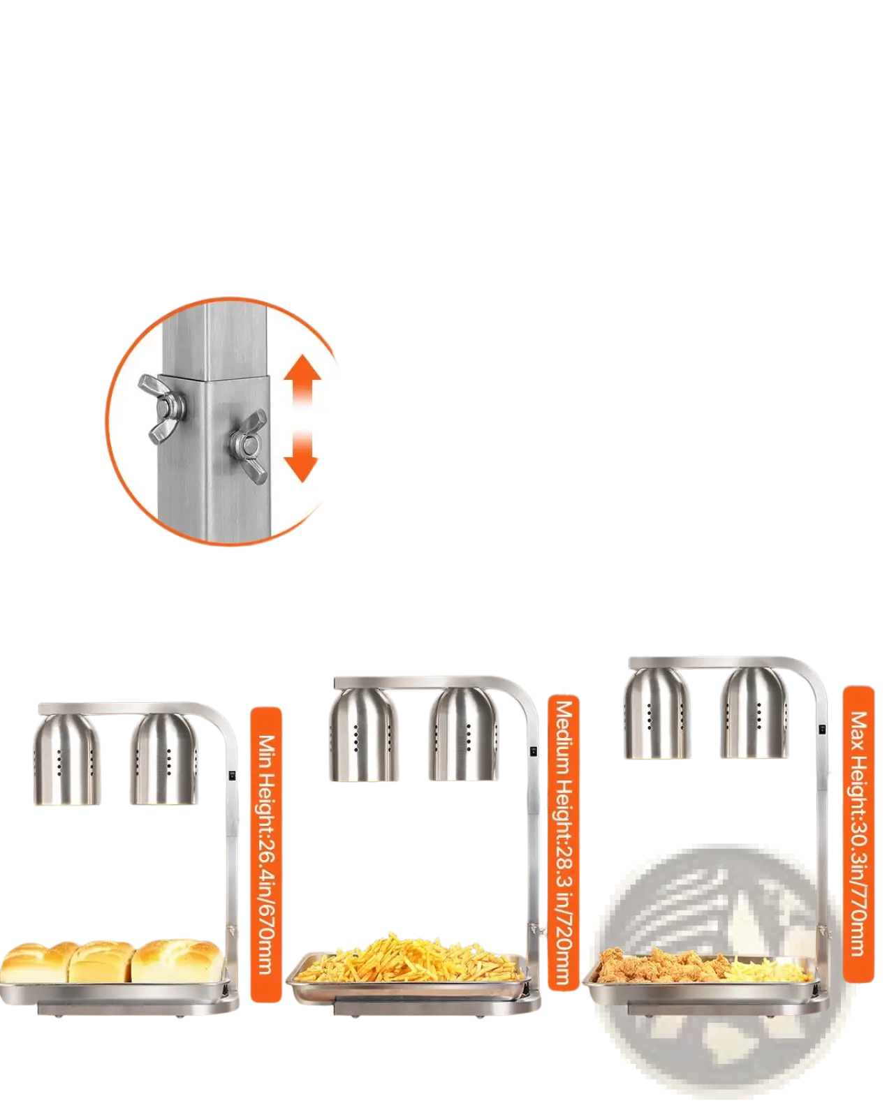 Commercial food heat lamp dual head stainless steel with adjustable height curved arm and dual domed lamps