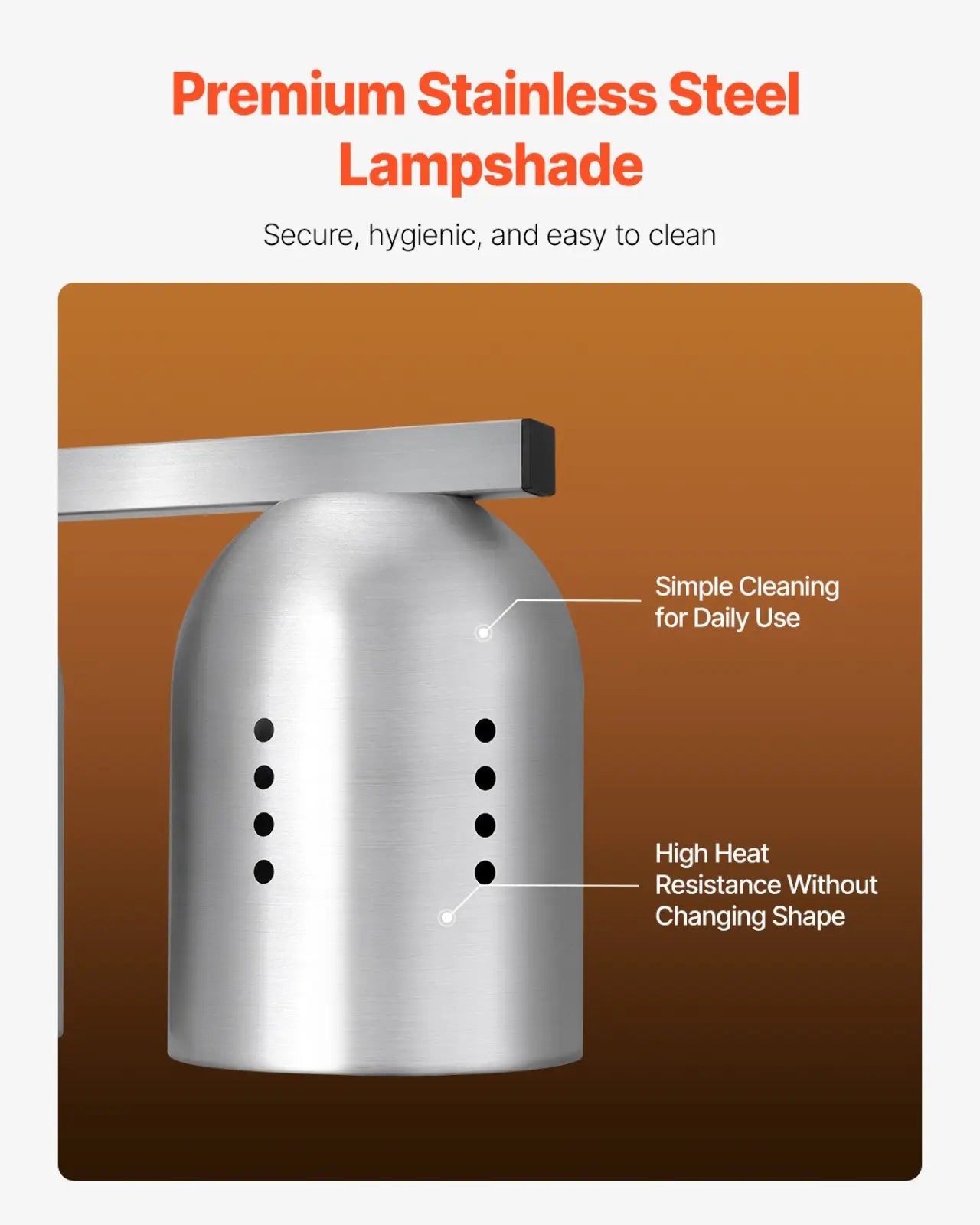 Commercial food heat lamp dual head with sleek brushed silver stainless steel lampshade and vertical black vent rows