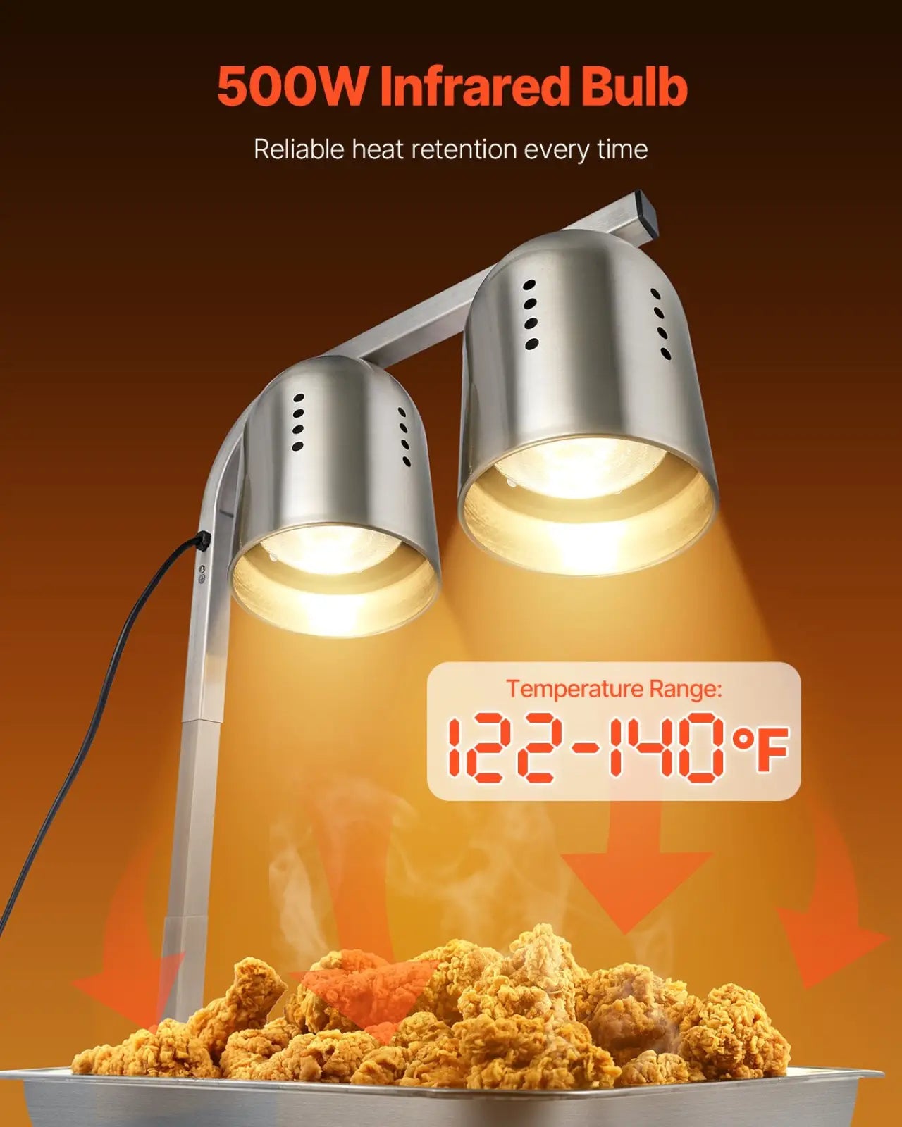 Commercial food heat lamp dual head stainless steel infrared heat lamp 500w temperature 122-140°f