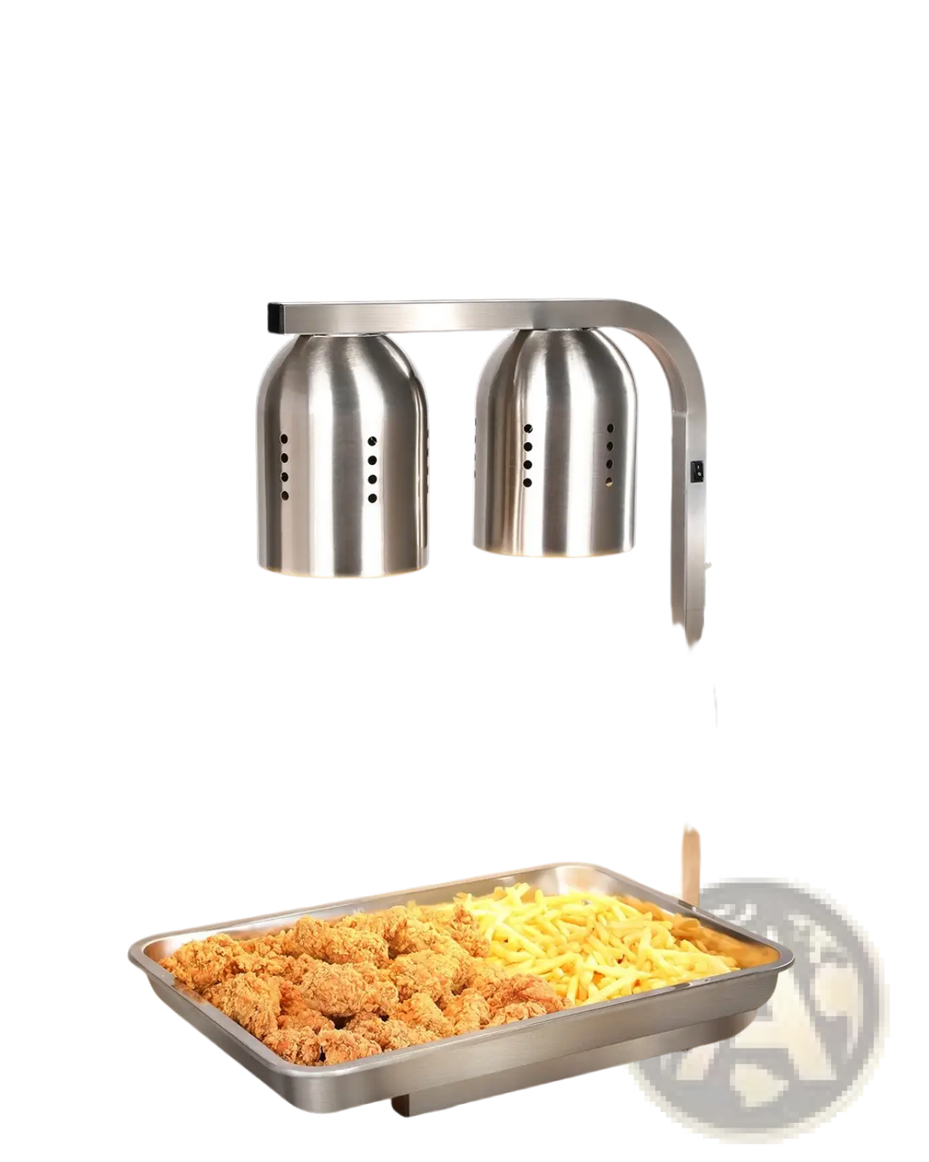Commercial food heat lamp dual head stainless steel with perforated domes and curved arms for keeping fried food warm