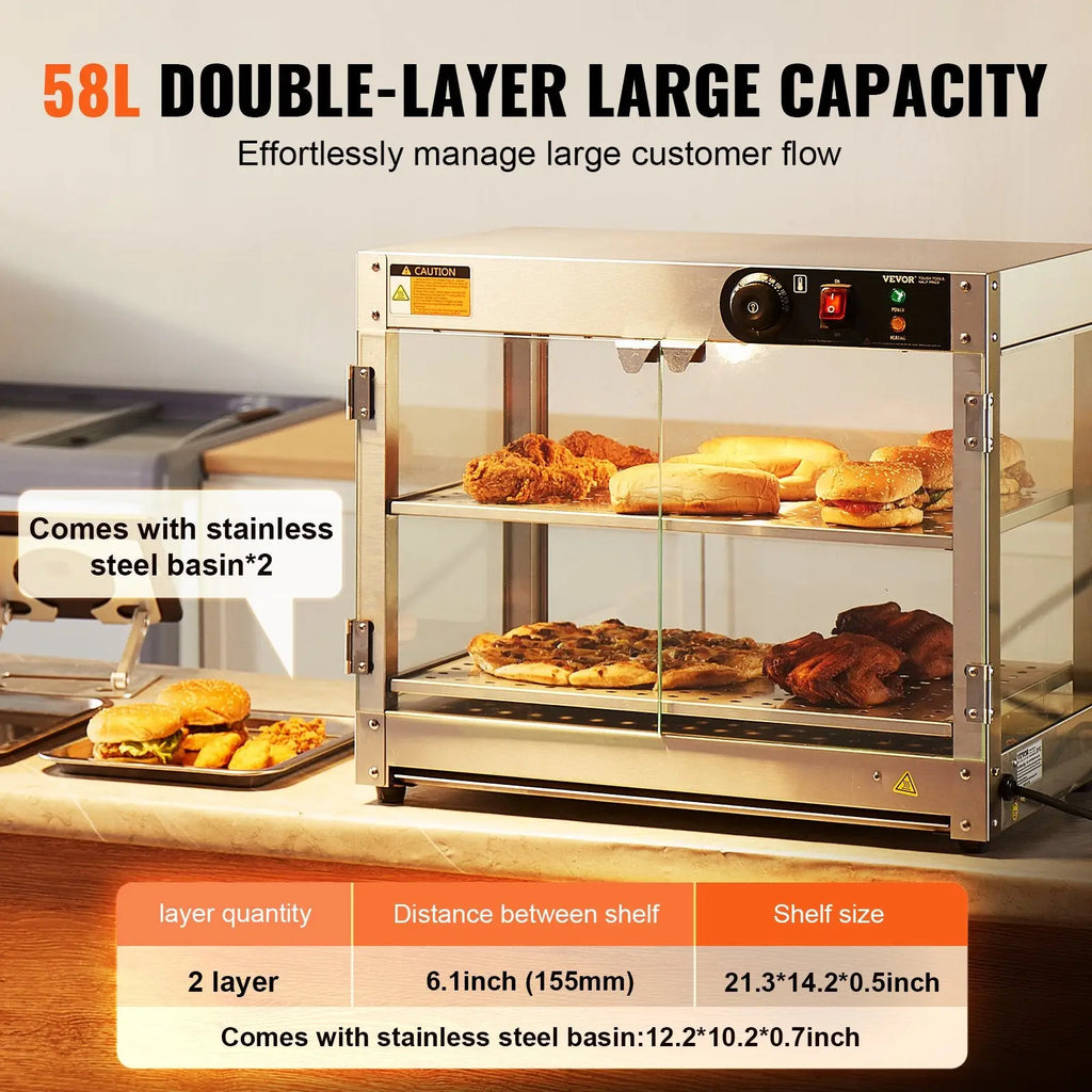 Commercial food warmer stainless steel double-layer countertop pizza display with clear glass doors and control panel