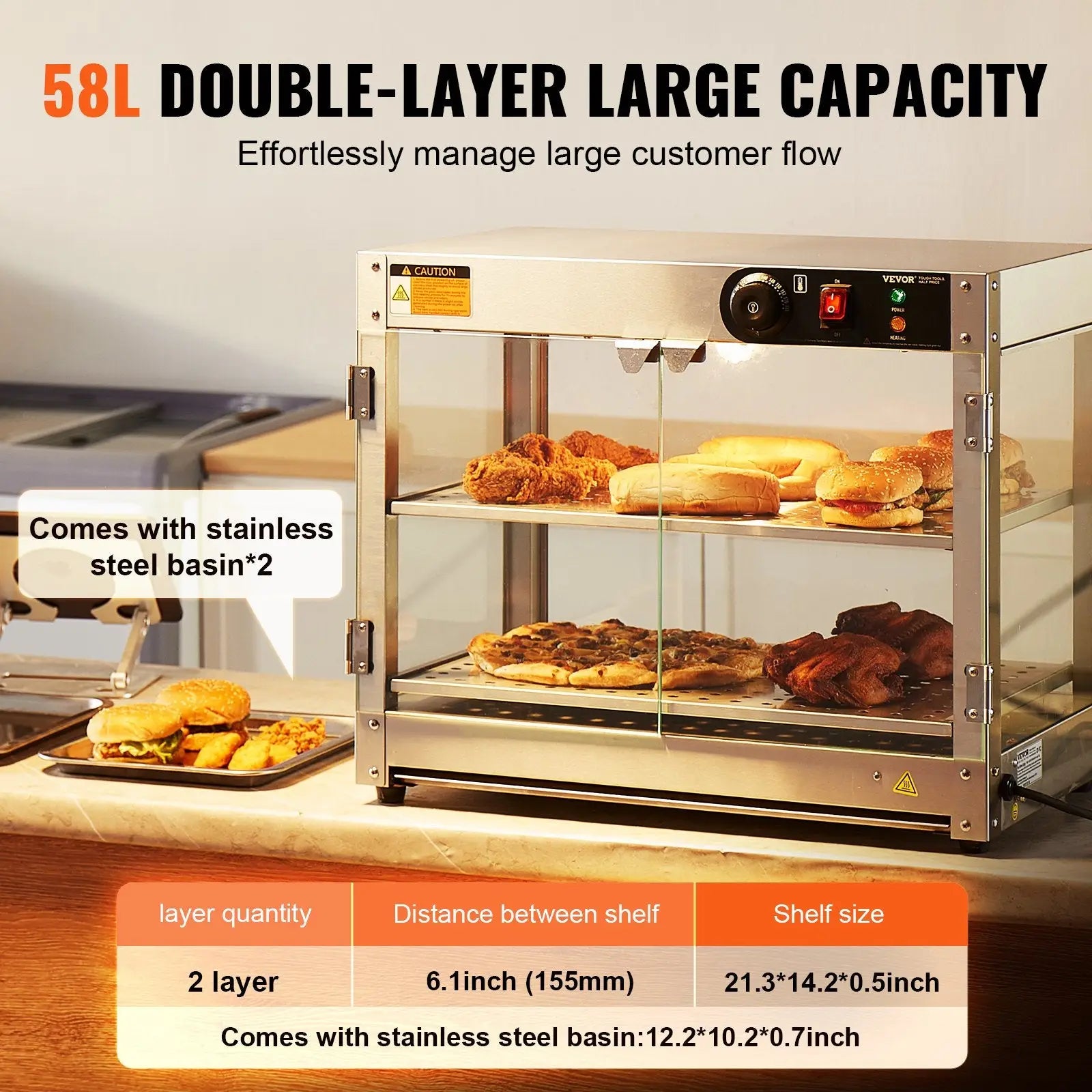 Commercial food warmer stainless steel double-layer countertop pizza display with clear glass doors and control panel