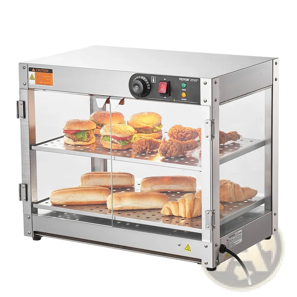 Commercial food warmer two tier stainless steel countertop pizza display with clear glass doors and perforated shelves