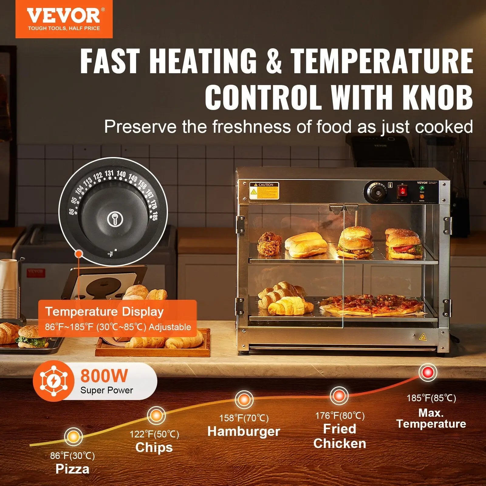 Stainless steel commercial food warmer 2 tier with temperature control knob and digital display for pizza display