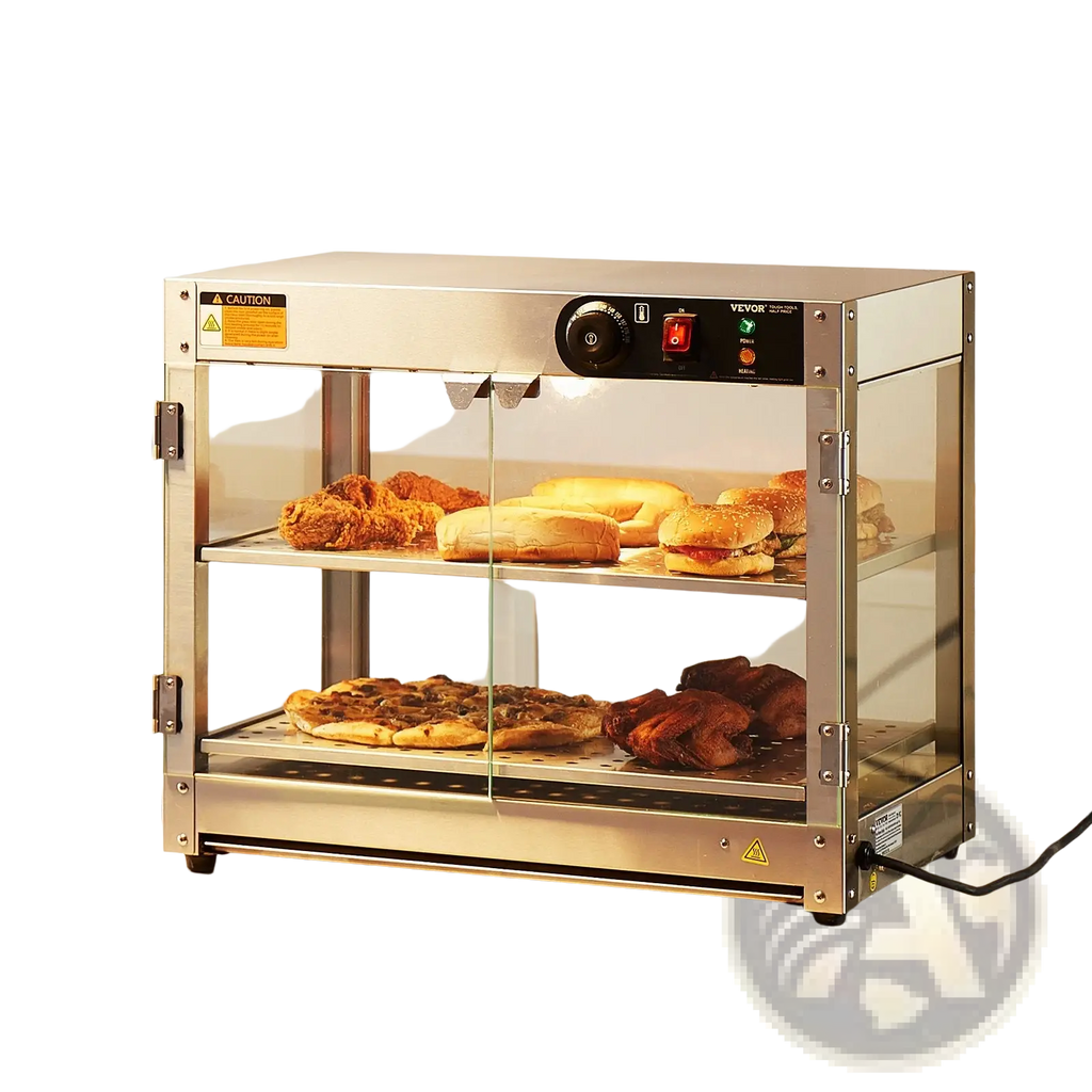 Commercial food warmer 2 tier stainless steel countertop pizza display with glass doors and rotary dial control panel