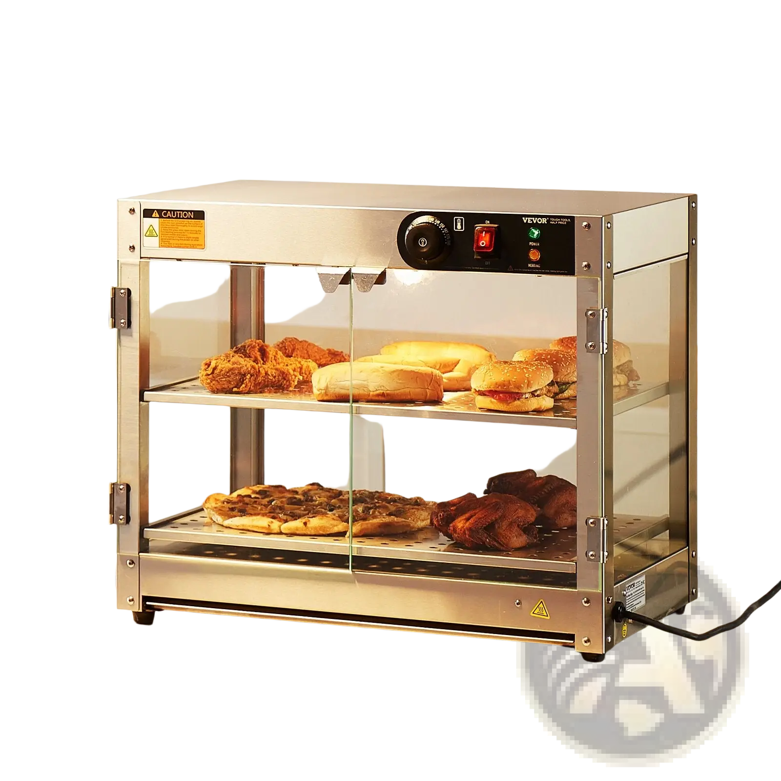 Commercial food warmer 2 tier stainless steel countertop pizza display with glass doors and rotary dial control panel