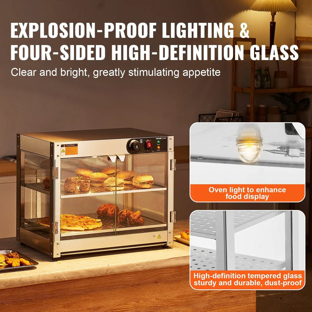 Commercial food warmer 2 tier countertop pizza display with stainless steel explosion-proof body and tempered glass panels