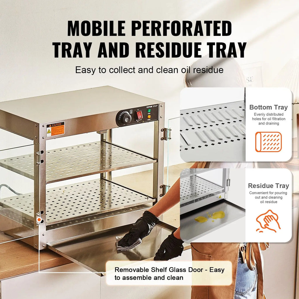 Commercial food warmer stainless steel mobile perforated with three shelves and removable glass door for countertop use