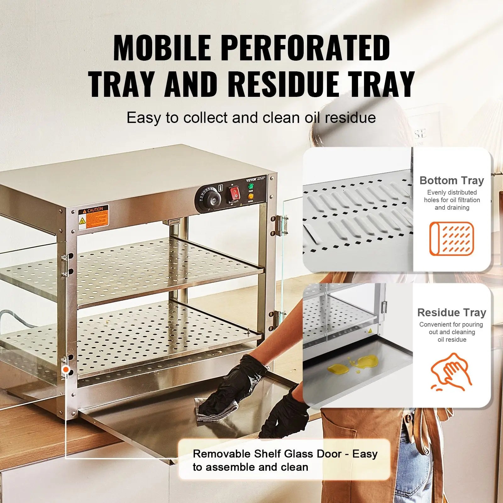 Commercial food warmer stainless steel mobile perforated with three shelves and removable glass door for countertop use