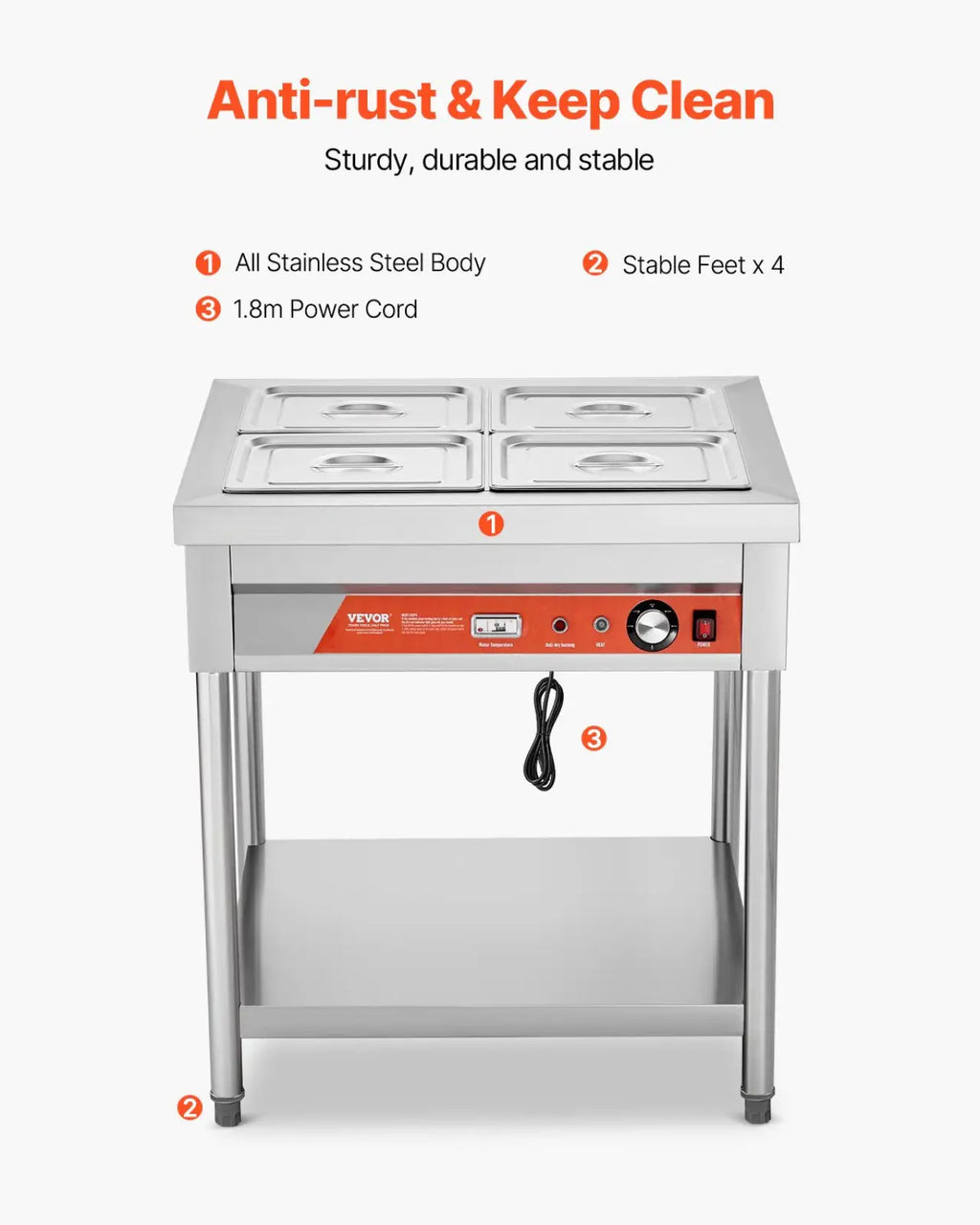 Commercial food warmer stainless steel with four rectangular pans and control panel featuring orange stripe and black cord