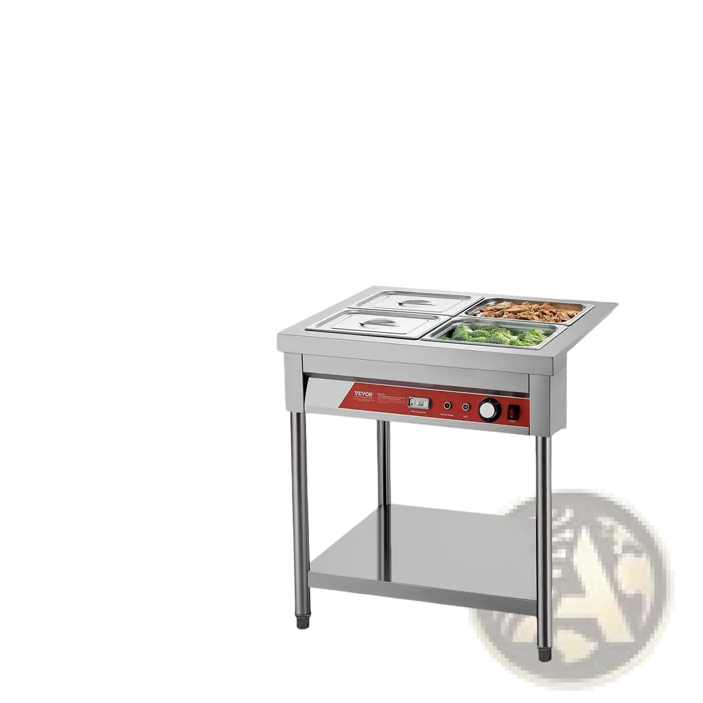 Commercial food warmer 4 pan electric steam table stainless steel with red control panel holding cooked meat and vegetables