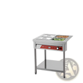 Commercial food warmer 4 pan electric steam table stainless steel with red control panel holding cooked meat and vegetables