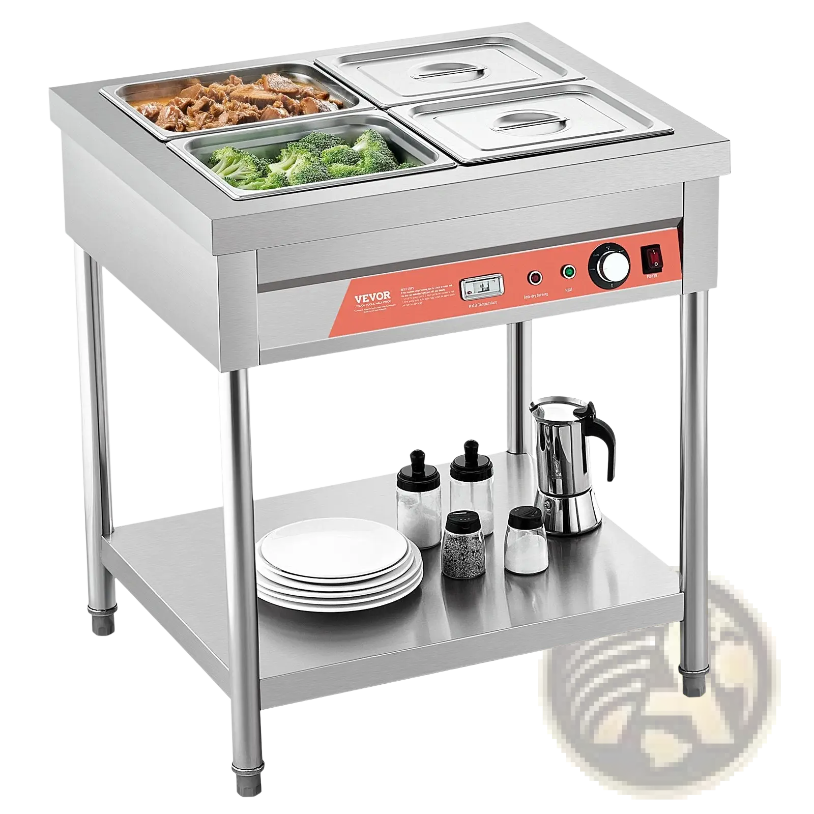 Stainless steel vevor commercial food warmer 4 pan electric steam table with four compartments holding cooked meat and broccoli