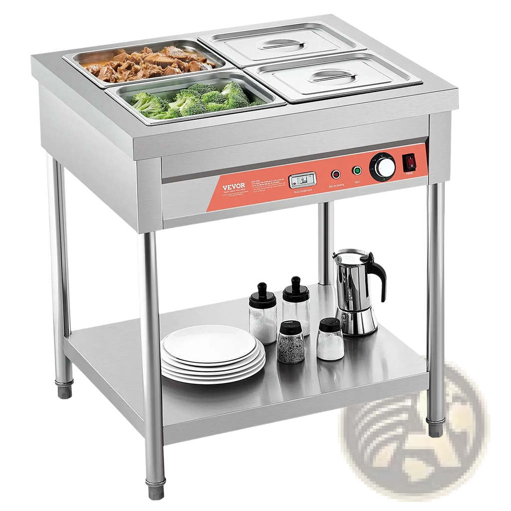 Stainless steel vevor commercial food warmer 4 pan electric steam table with four compartments holding cooked meat and broccoli