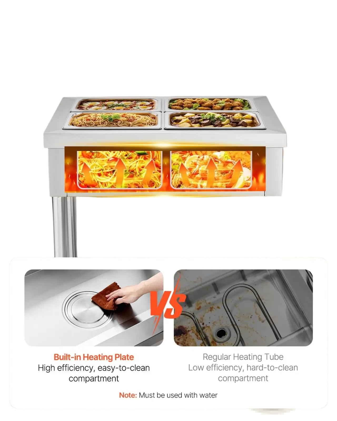 Commercial food warmer 4 pan electric steam table silver stainless steel with four rectangular serving trays and heating plate