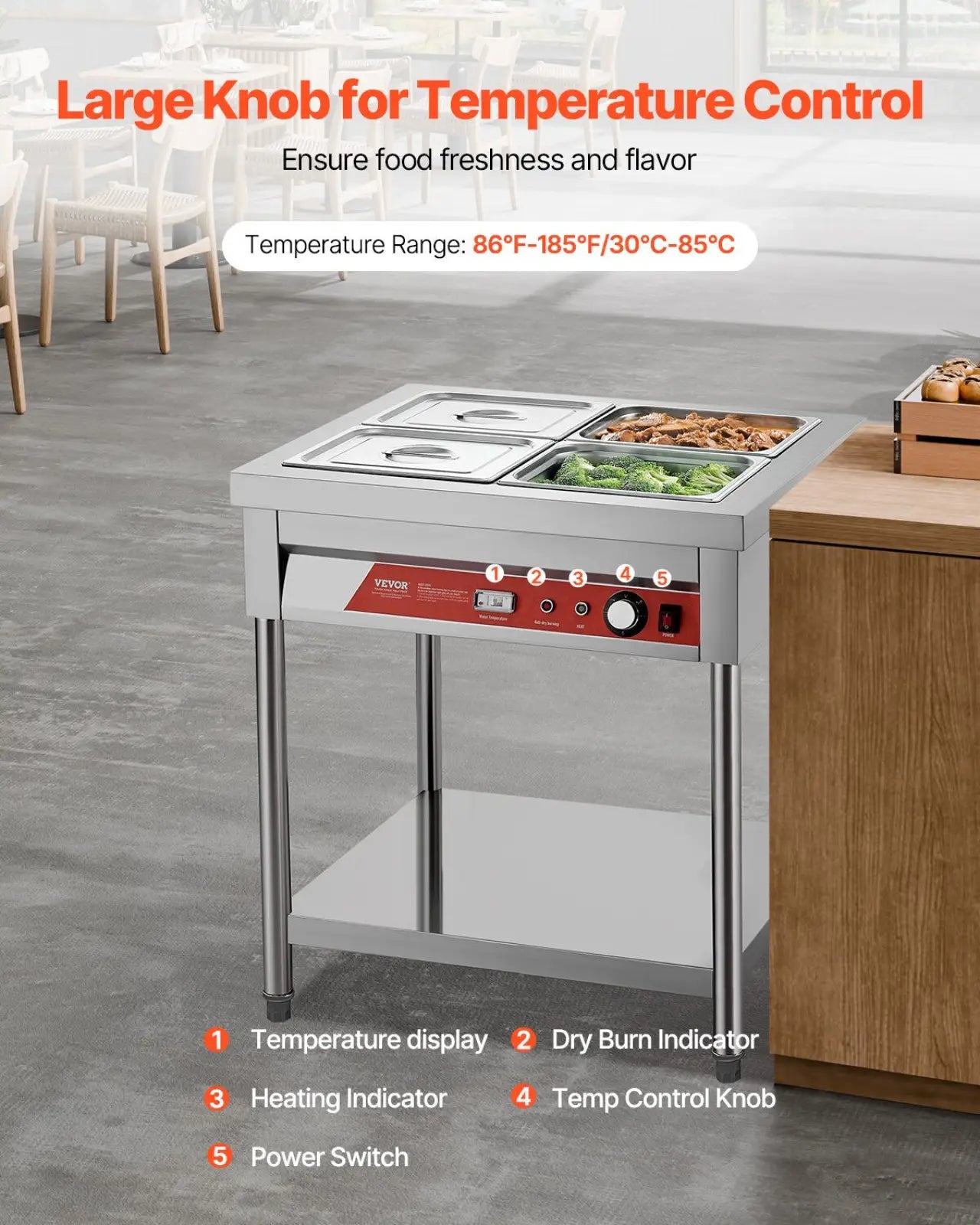 Stainless steel commercial food warmer with red control panel, numbered indicators, and large temperature knob for steam table use