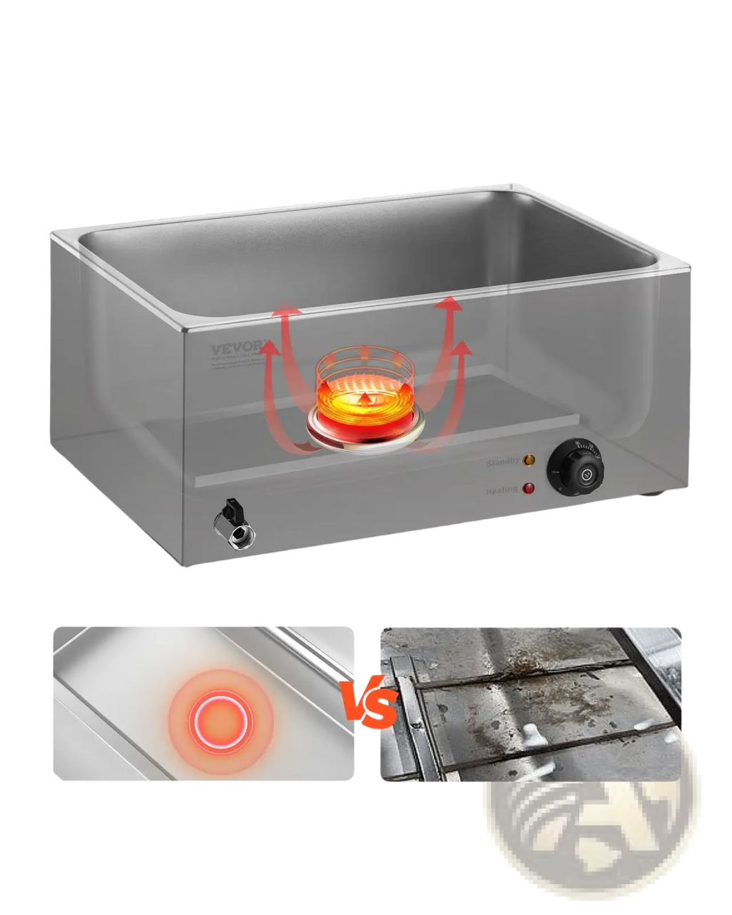 Stainless steel commercial food warmer with hidden heating elements and control knob for 5 pan countertop use