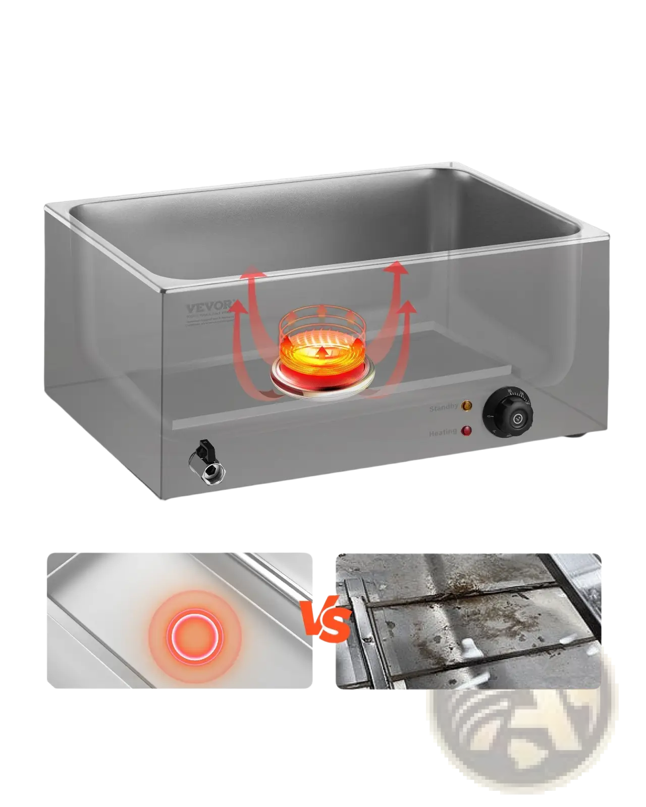 Stainless steel commercial food warmer with hidden heating elements and control knob for 5 pan countertop use