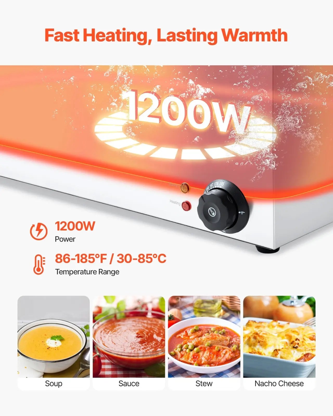 Commercial food warmer 5 pan 1200w electric countertop bain marie with sleek white and orange design