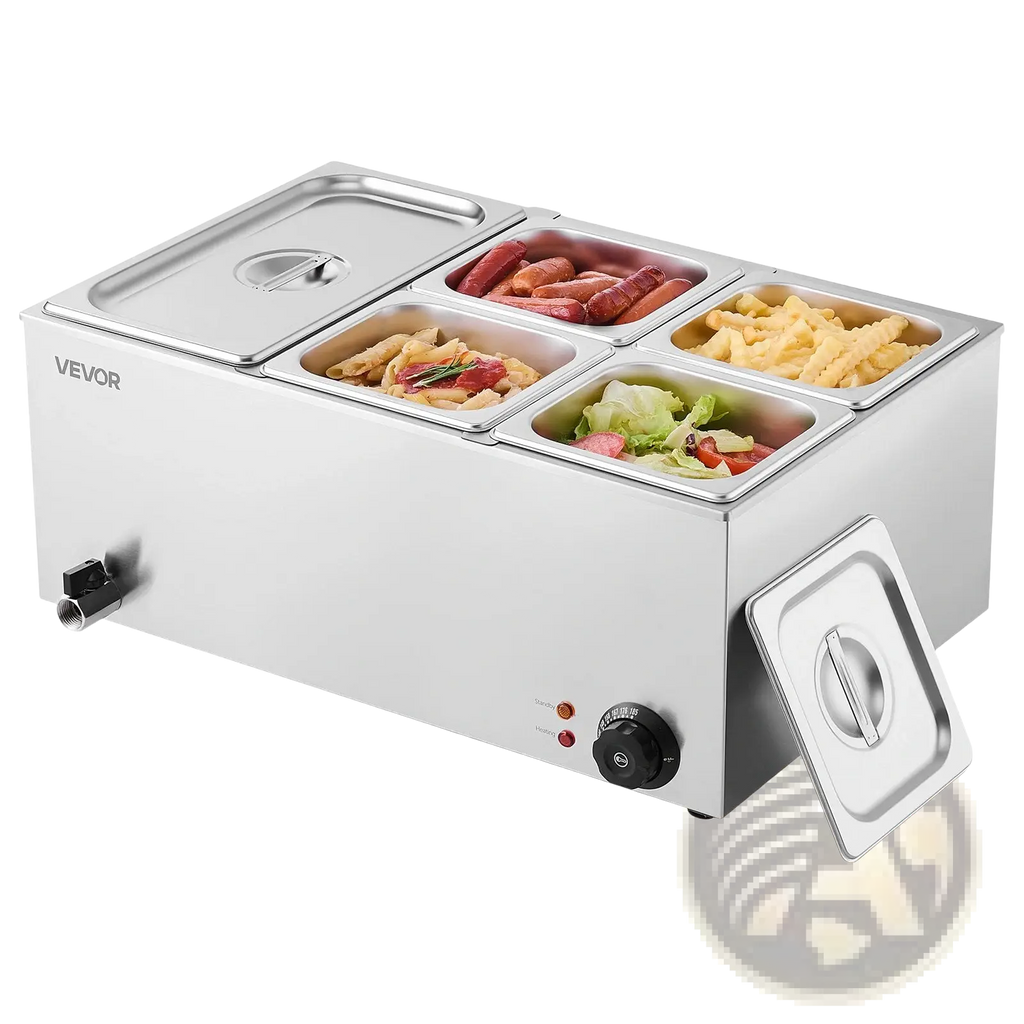 Stainless steel vevor commercial food warmer with four compartments and one lid open showing sausages pasta fries and salad