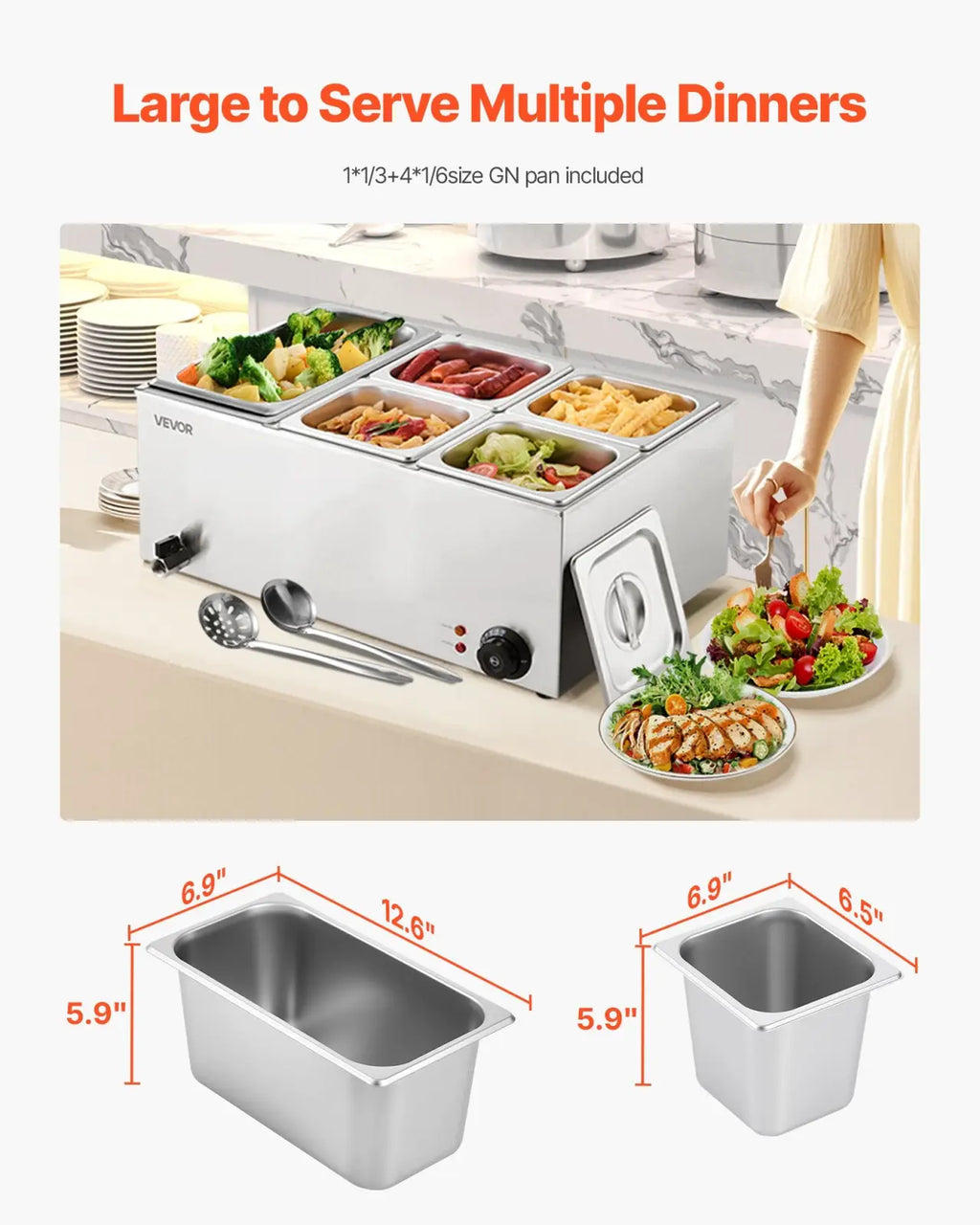 Silver stainless steel commercial food warmer with four rectangular trays 1200w countertop bain marie